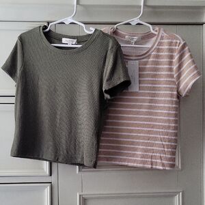 Kids Short Sleeve Tees in Olive and Cream Stripes 7/8